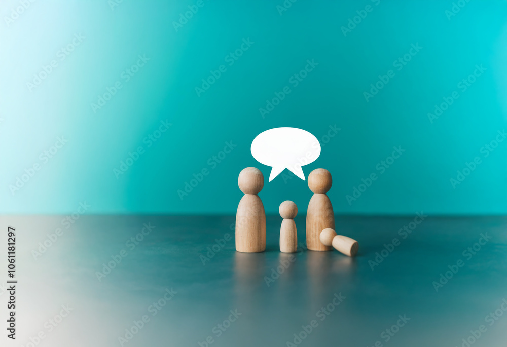 Poster three wooden figures stand on a table with a speech bubble above them against a light blue backgroun