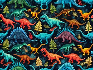 Obraz premium Dinosaurs Seamless Pattern with Blue Grunge Texture on Black Background for Unique Textiles and Designs