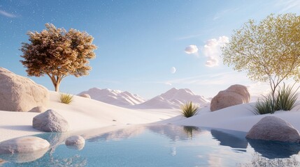 A shimmering desert oasis teeming with exotic life, a hidden paradise amidst the endless dunes, a sparkling pool of water reflecting the starlit sky.