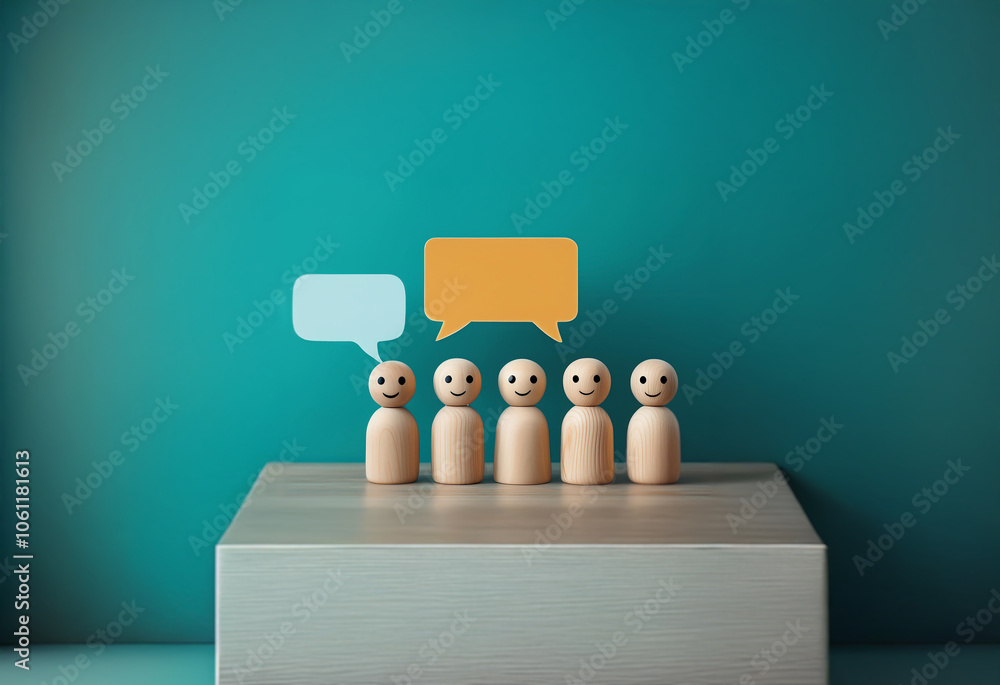 Aufkleber a row of five wooden figures with smiling faces stand on a platform. two speech bubbles float above 