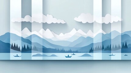 A serene landscape featuring mountains, clouds, and a lake with small boats, designed in soft blues.