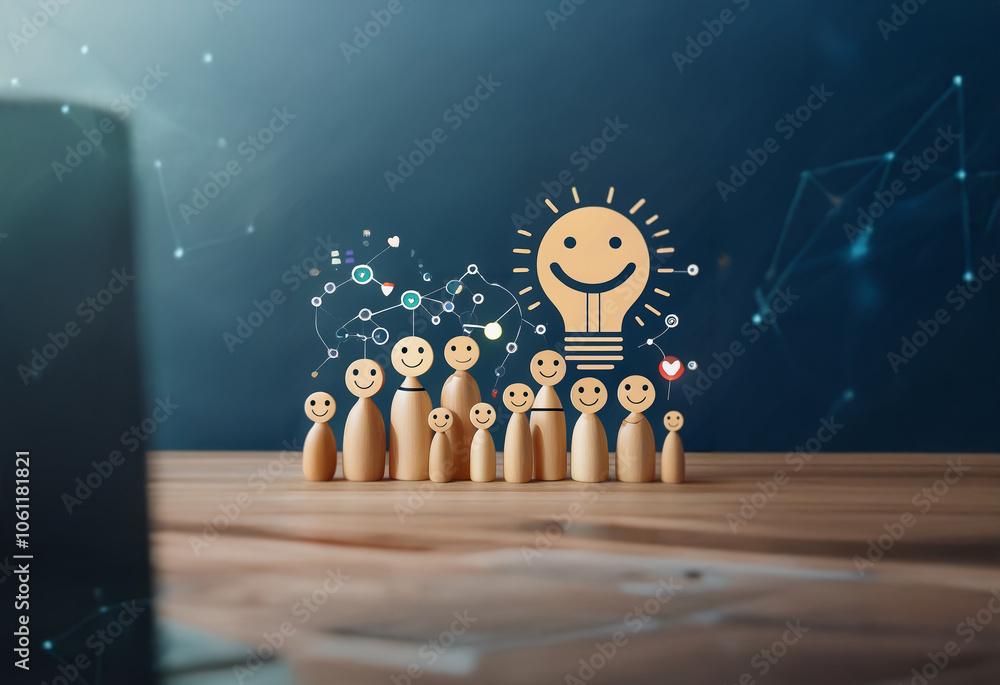 Poster a group of wooden figures with smiley faces stand on a desk, illuminated by a glowing lightbulb with