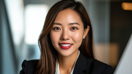 Fototapeta premium オフィスの環境で笑顔を見せる、プロフェッショナルな服装をした自信に満ちた女性