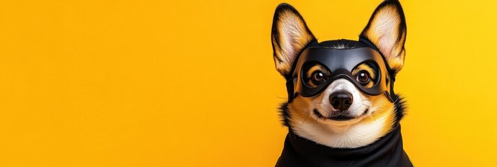Fototapeta premium A corgi dressed as a superhero against a bright yellow background.