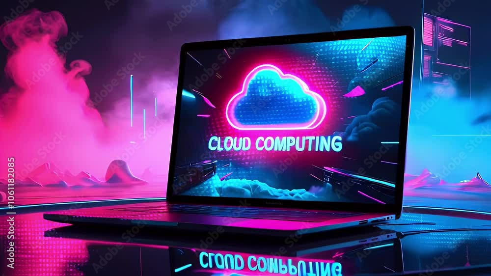 Aufkleber a laptop with a glowing cloud icon on the screen, the text 