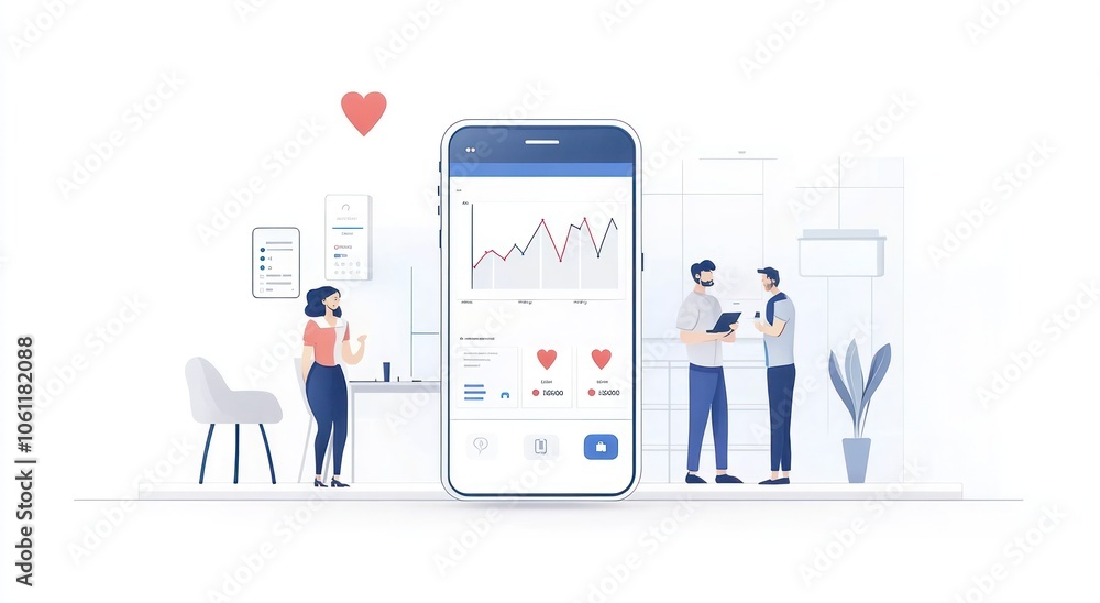 Aufkleber illustration of a mobile app displaying health data with two people discussing insights.