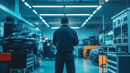 Obraz premium Lone Technician in a Modern Automotive Workshop