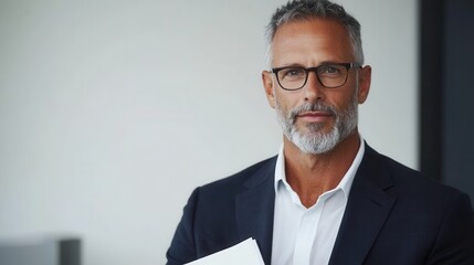 書類を持っている、白髪で眼鏡をかけた自信に満ちた成熟したビジネスマン