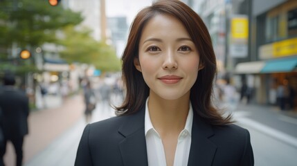 Fototapeta premium 都会の街中で笑顔を見せる自信に満ちたビジネスウーマン