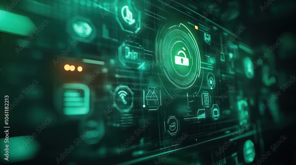 Poster a digital interface showcasing cybersecurity elements and data protection symbols.