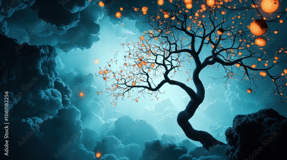 Poster an abstract illustration of a tree of life, its branches reaching towards the heavens and its roots 