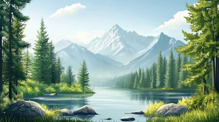 Serene Mountain Lake Surrounded by Lush Evergreen Forest