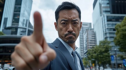 Fototapeta premium 都会の街並みの中で前を指差す自信に満ちたビジネスマン