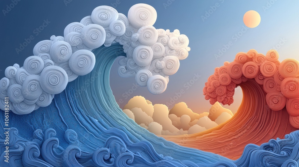 Poster a series of fractal waves crashing on a digital shore, their crests adorned with intricate patterns 