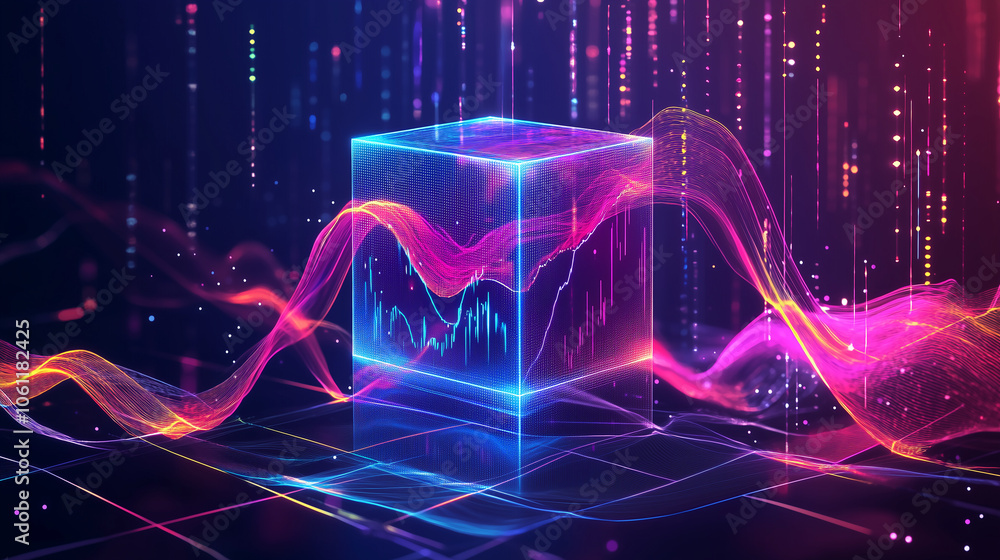 Poster A blue cube with data visualizations is surrounded by glowing, pink data