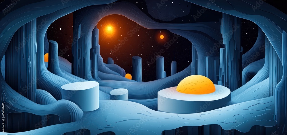 Poster a surreal alien landscape with glowing orbs and abstract structures under a starry sky.