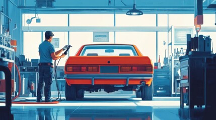 Fototapeta premium Vintage Car Restoration in a Modern Automotive Workshop