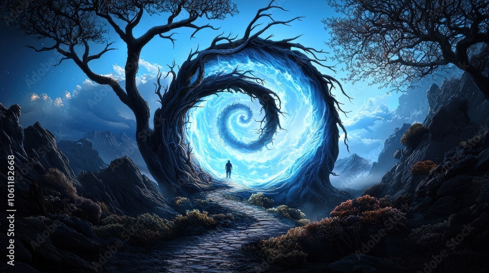 Poster a portal opening to another dimension, with swirling fractal patterns of light and energy beckoning 