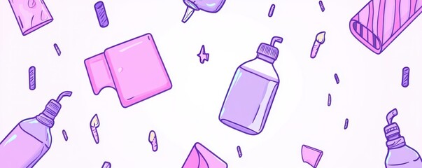 A whimsical illustration of various purple and pink bottles and containers scattered playfully.