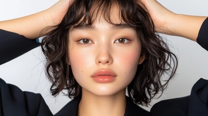 Naklejka premium 乱れた髪と柔らかいメイクをした女性のクローズアップポートレート