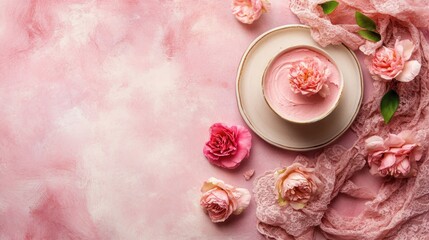 Fototapeta premium A delicate arrangement featuring pink frosting, flowers, and lace on a soft background.