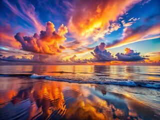 Dramatic Sunset Clouds Over Ocean Waves - Minimalist Photography of Serene Seascape, Vibrant Colors, Tranquil Waters, and Nature's Beauty Captured in Artistic Simplicity