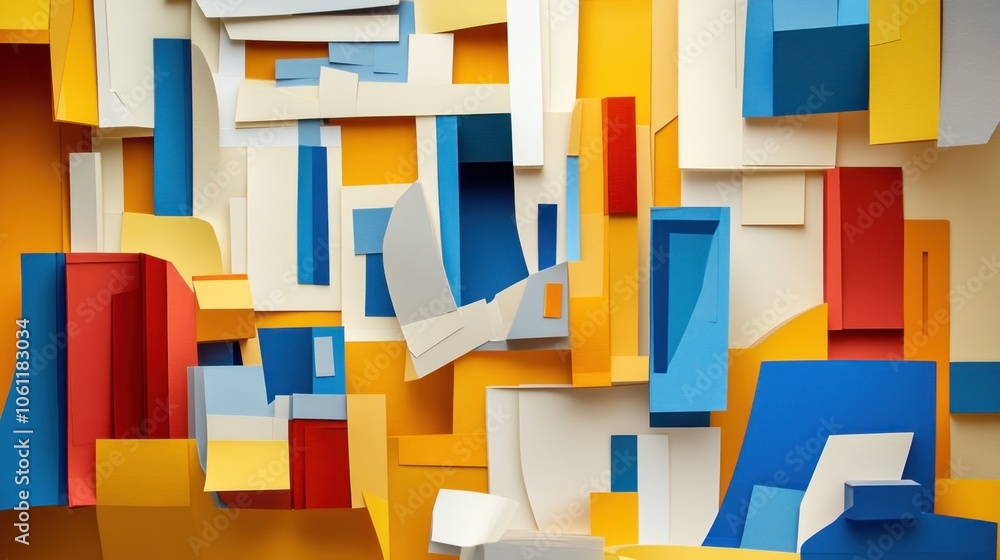 Poster a vibrant abstract composition of layered paper shapes in various colors and sizes.