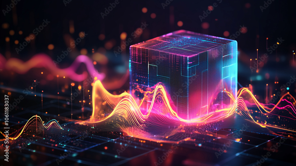 Poster a glowing cube sits atop a digital landscape of swirling, neon waves, creating a vibrant scene remin