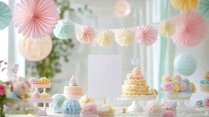 A colorful dessert table featuring cakes, cupcakes, and decorative elements for a celebration.