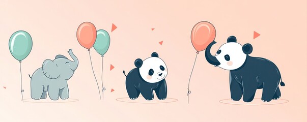 Cute cartoon animals celebrating with balloons in a playful setting.