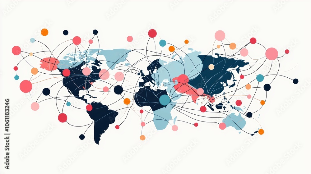 Poster A world map with lines and arrows representing global trade routes and interconnectedness of the world economies.
