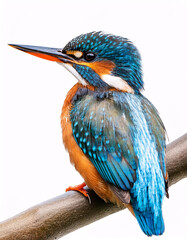 Obraz premium A vibrant kingfisher with a turquoise head and a chestnut breast, photographed against a white background