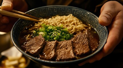 A bowl of ramen topped with beef, green onions, and sesame seeds, held with chopsticks.