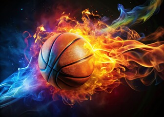 Fototapeta premium Dynamic Basketball at the Heart of Fiery Motion: A Vivid Representation of Energy in Sports