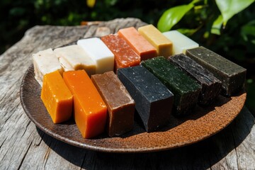 日光の下で素朴な木の表面に置かれた手作り石鹸の詰め合わせ
