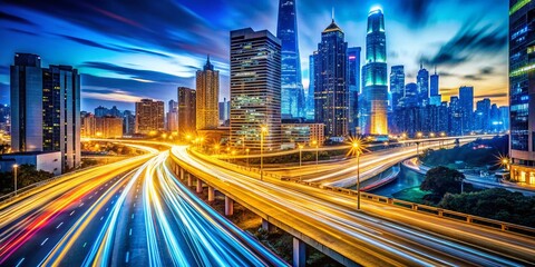 Obraz premium Dynamic Cityscape with Illuminated Highway at Night - Vector Illustration Featuring Vibrant Light Trails and Urban Motion Blur for Stunning Visual Impact