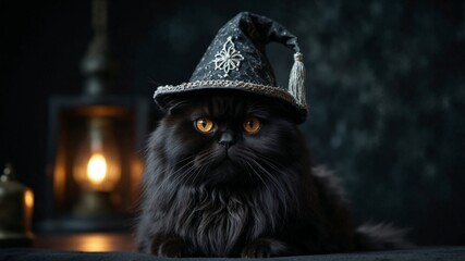 Enchanting Persian Cat in a Unique Black Wizard Hat Creating Magical Moments in Every Click