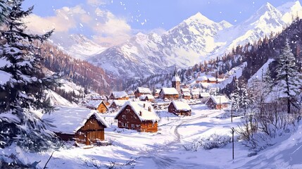 Snowy Mountain Village with a Church Spire