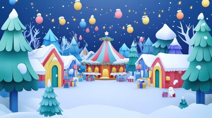 A whimsical winter village with colorful houses, a carousel, and festive decorations.