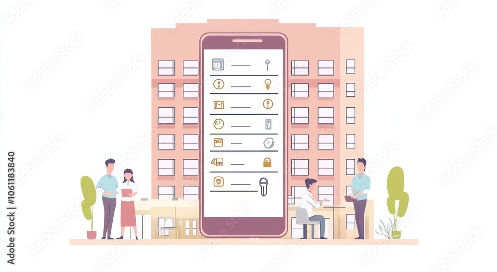 Aufkleber illustration of a smartphone displaying features related to building management and services.