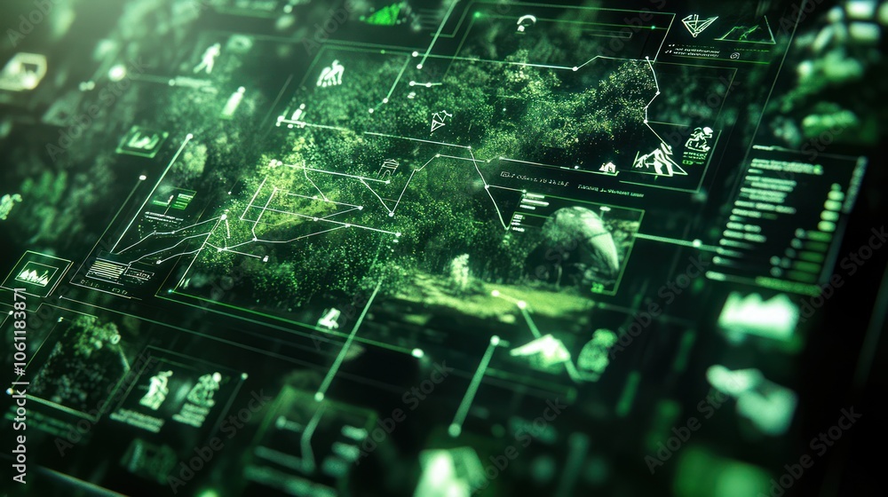 Poster a digital interface displaying environmental data and analytics in a green-themed design.