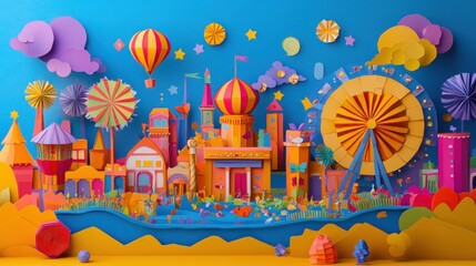 A vibrant paper art scene depicting a whimsical carnival with colorful attractions.