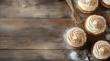 Delicious cupcakes with swirled frosting on a wooden table, perfect for dessert lovers.