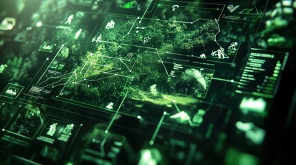 A digital interface displaying environmental data and analytics in a green-themed design.