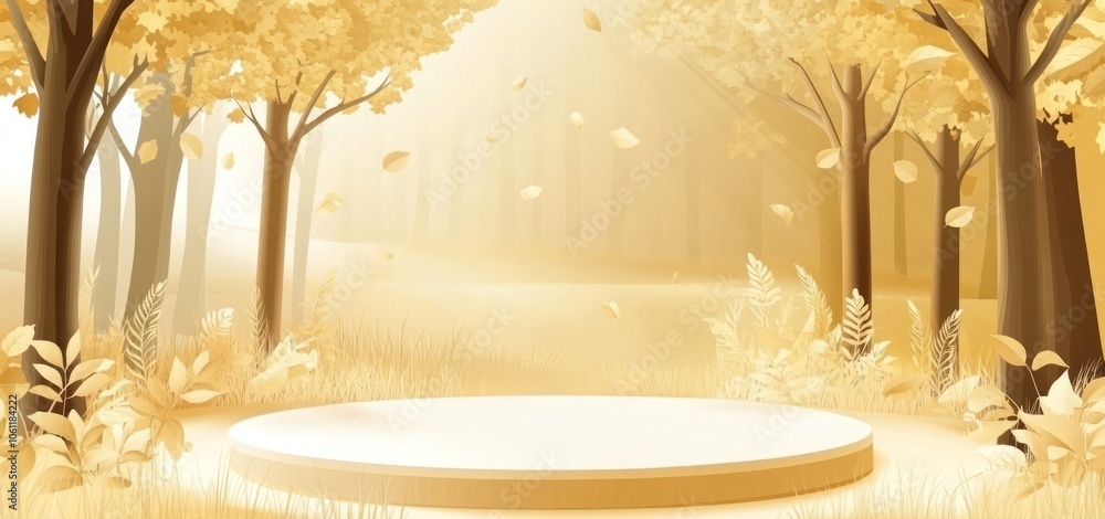 Poster a serene autumn landscape with a circular platform surrounded by trees and falling leaves.