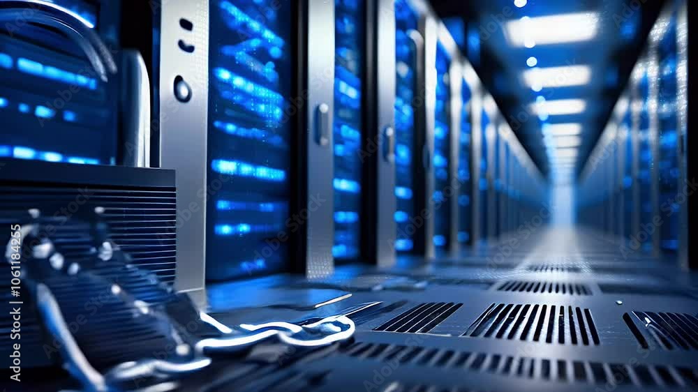 Poster padlock and chain on a metal panel in a server room with rows of servers in the background.