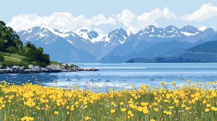 Bright Minimalist Lake Illustration with Mountains