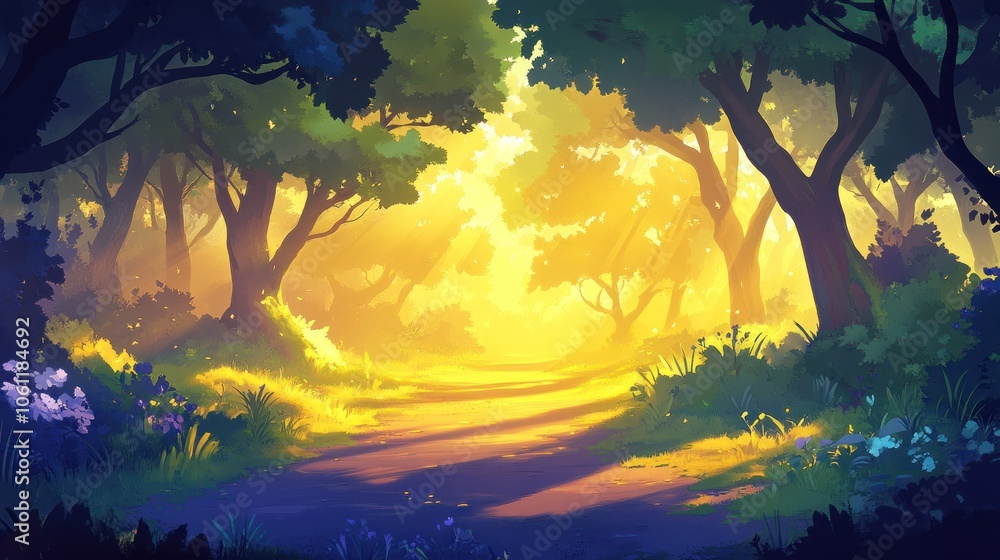 Poster a serene forest scene illuminated by golden light, creating a magical atmosphere.