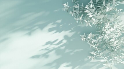 A serene composition featuring light green leaves casting soft shadows on a pastel background.