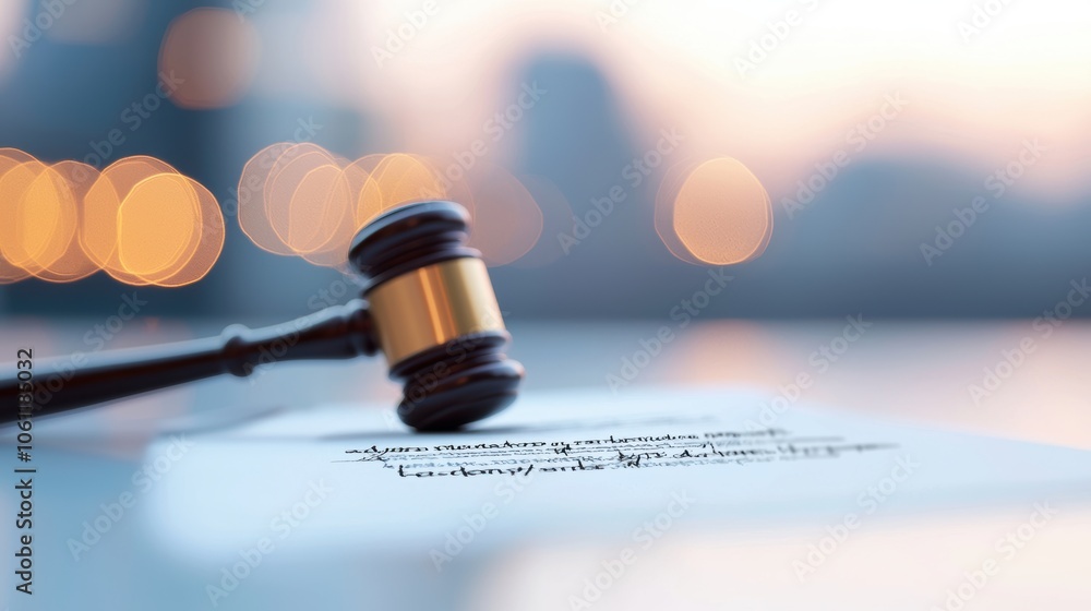 Poster a gavel striking a sound block, with a signed contract in the foreground, signifying a legally bindi